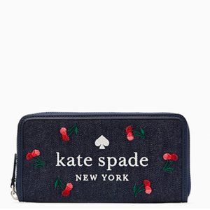 Kate Spade Ella Large Cherry Embroidered Denim Continental Zip Around